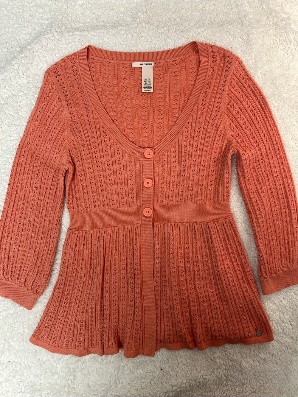 Donna Karin DKNY Coral Openwork Knit 3-Button Cotton, Rayon Lightweight Sweater